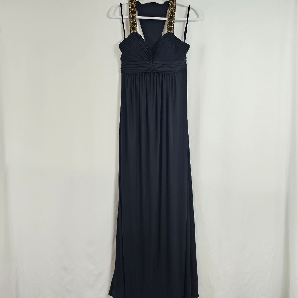Betsy Adam Embellished Halter Gown In Black And Gold - Size 6